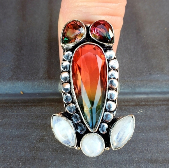 New Bi-Color Tourmaline and Rainbow Moonstone 925 Silver Ring. - Picture 3 of 14